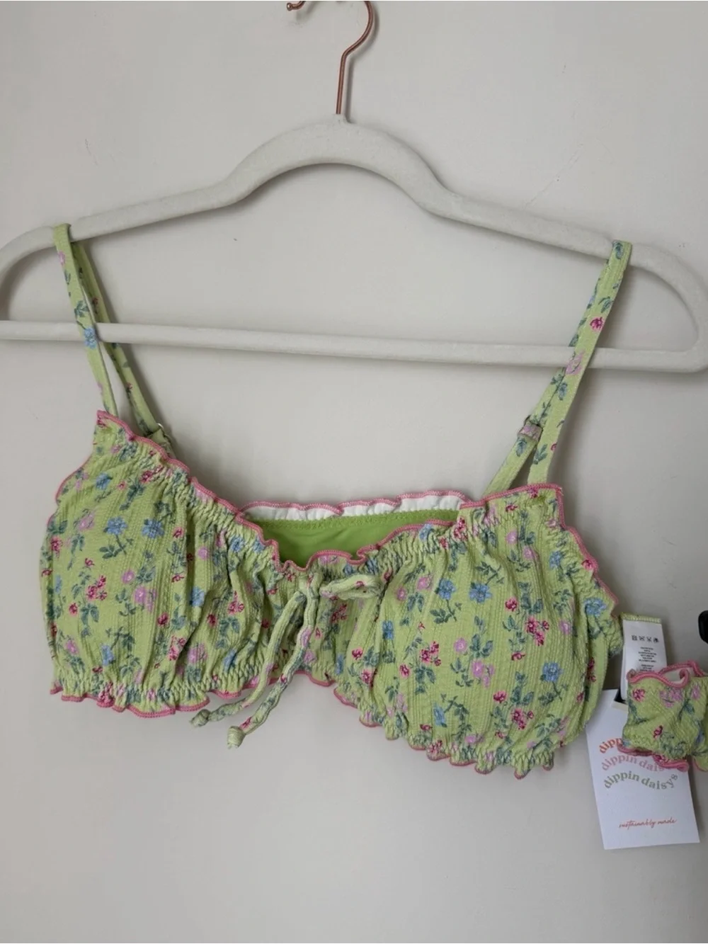 Dippin' Daisy's Green Floral Ruffle Bikini set and scrunchie